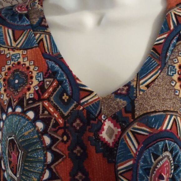 WinWin Size L XL Bell sleeve orange blue Geometric Boho‎ tunic v neck pullover - Picture 3 of 8